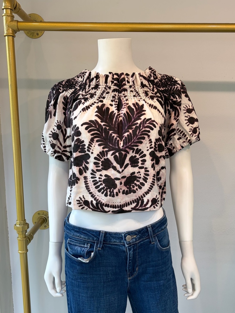 Marie Oliver Black and White Smocked Short Sleeve Crop Top